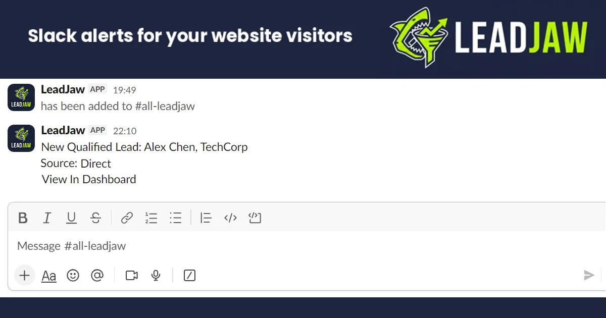 LeadJaw Slack alert for a B2B website visitor LeadJaw Slack alert showing a named company visiting a website in real time