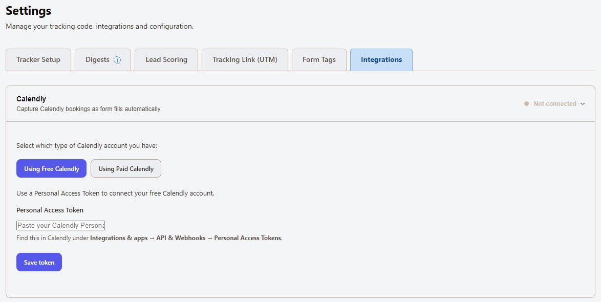 Connect a free Calendly account with a Personal Access Token LeadJaw settings screen showing the free Calendly connection using a Personal Access Token