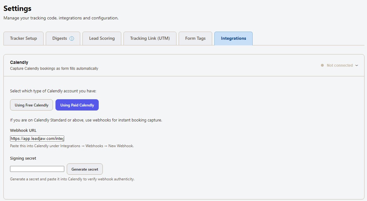 Connect a paid Calendly account with webhooks for instant capture LeadJaw settings screen showing the paid Calendly connection using a webhook URL and signing secret